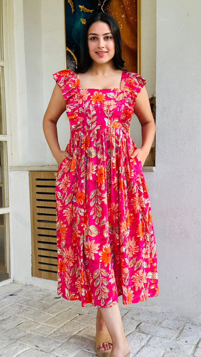 Pink Floral Midi Dress