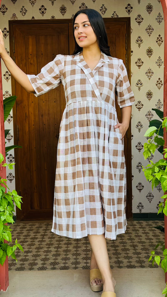 Brown Checked Cotton Dress