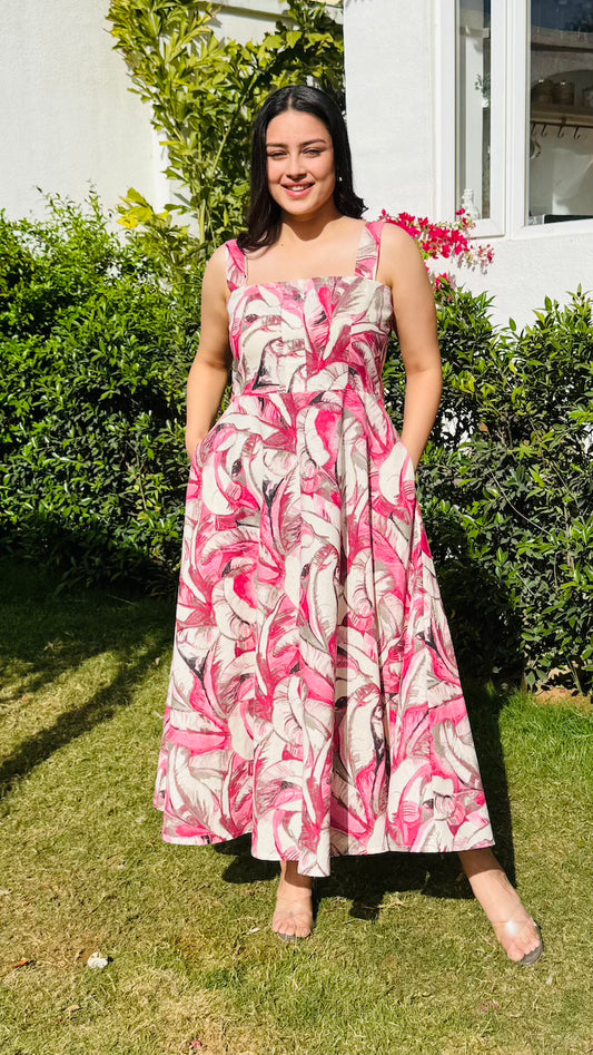Pink Abstract Cotton Midaxi Dress