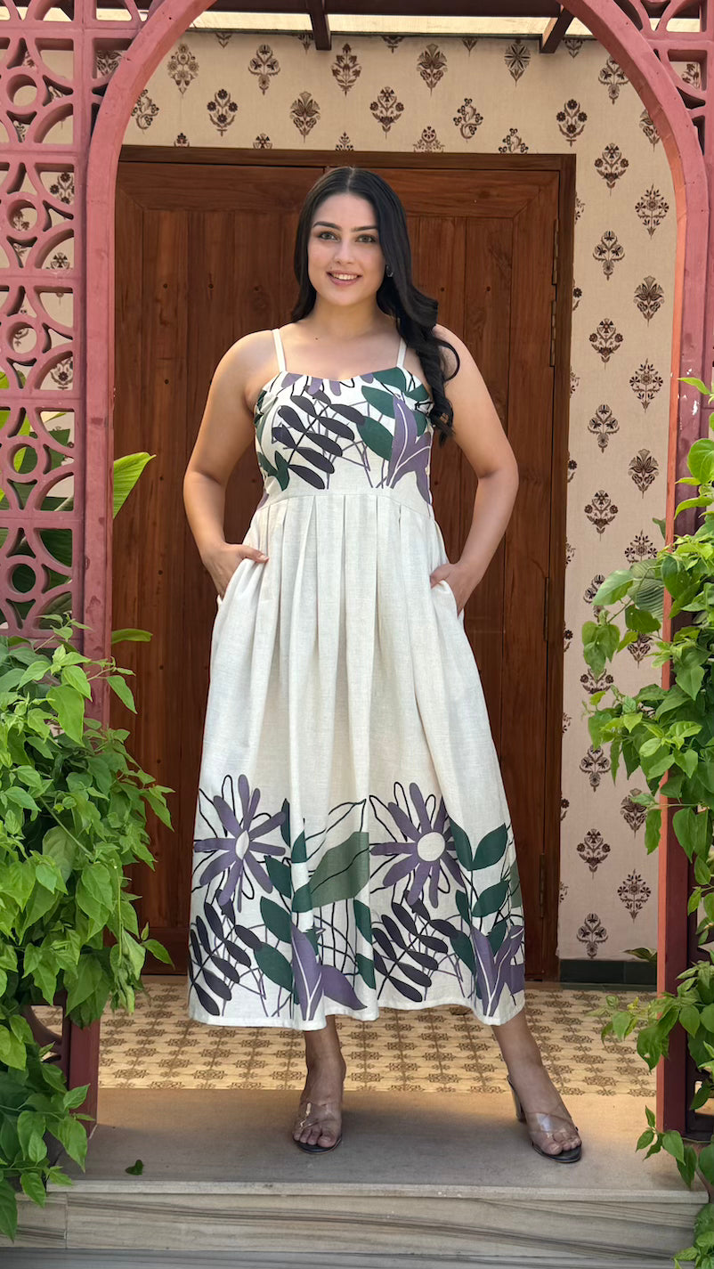 Beige Sleevless Cotton Dress