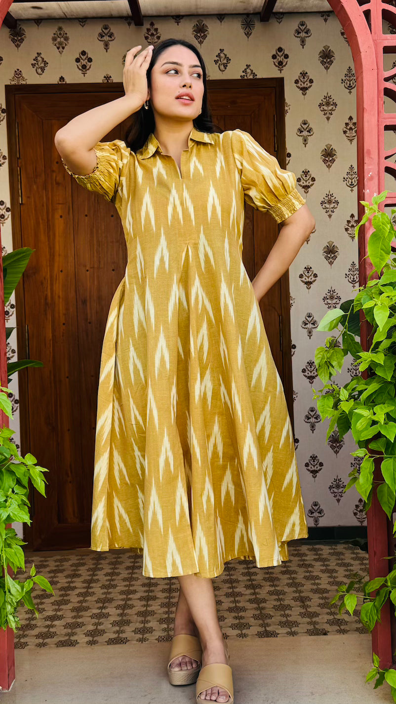 Yellow Ikkat Cotton Midi Dress