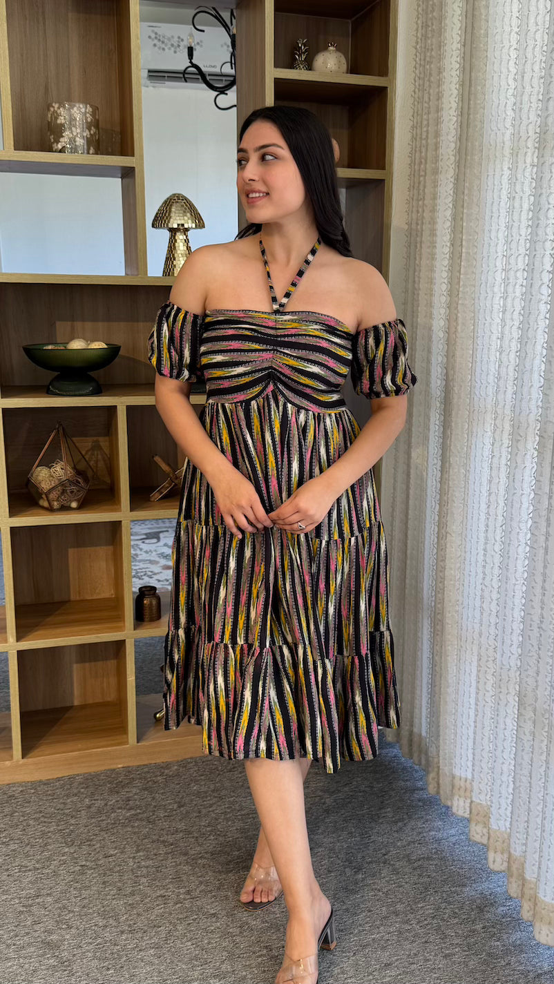 Black Multi Strip Midi Dress