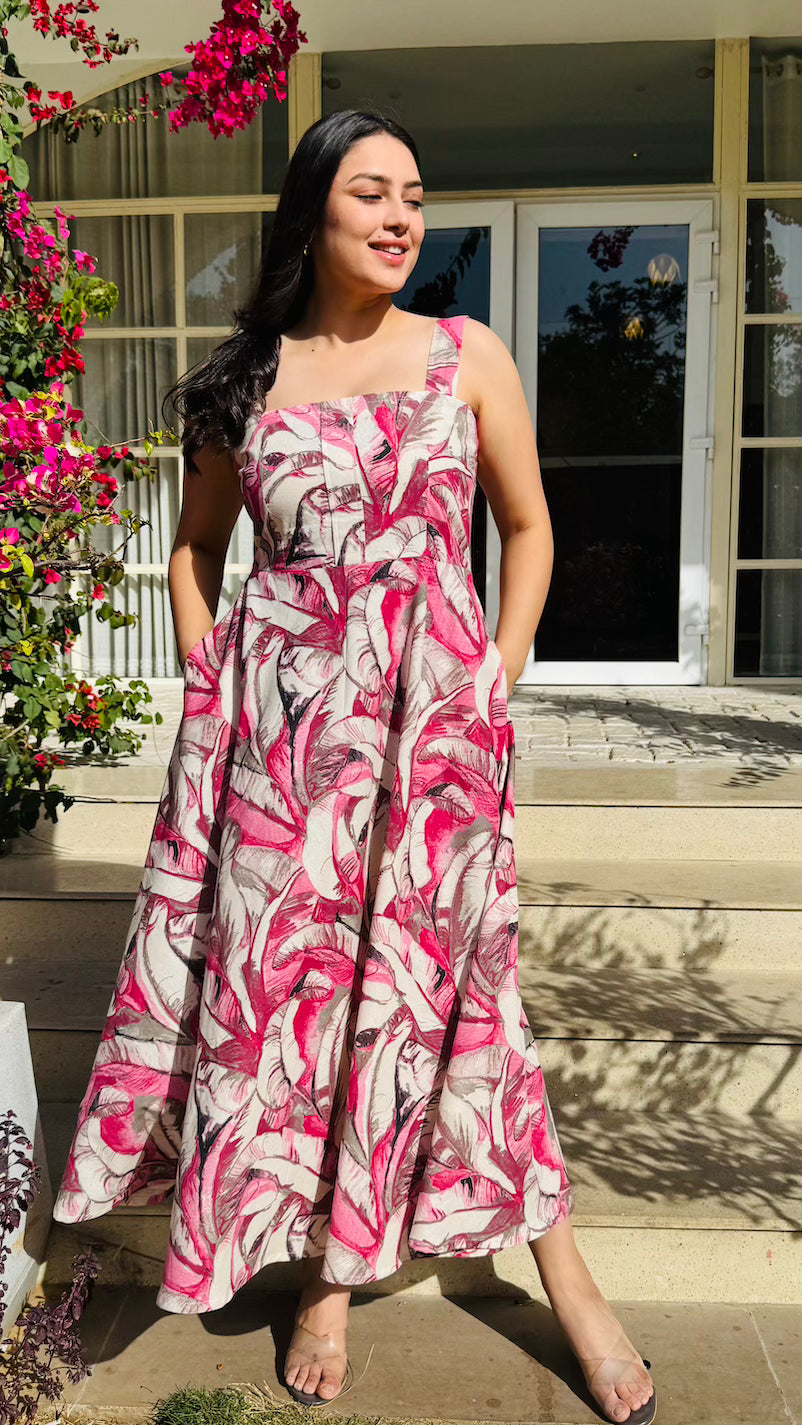 Pink Abstract Cotton Midaxi Dress