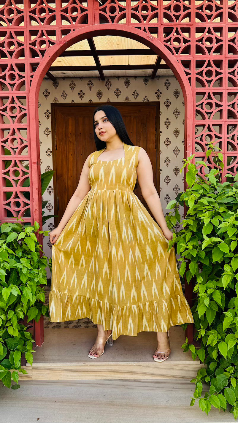 Yellow Ikkat Sleeveless Cotton Dress