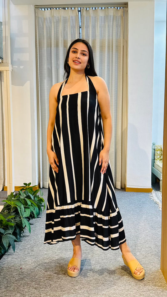 Black Striped Halter Neck Dress
