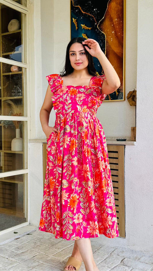 Pink Floral Midi Dress