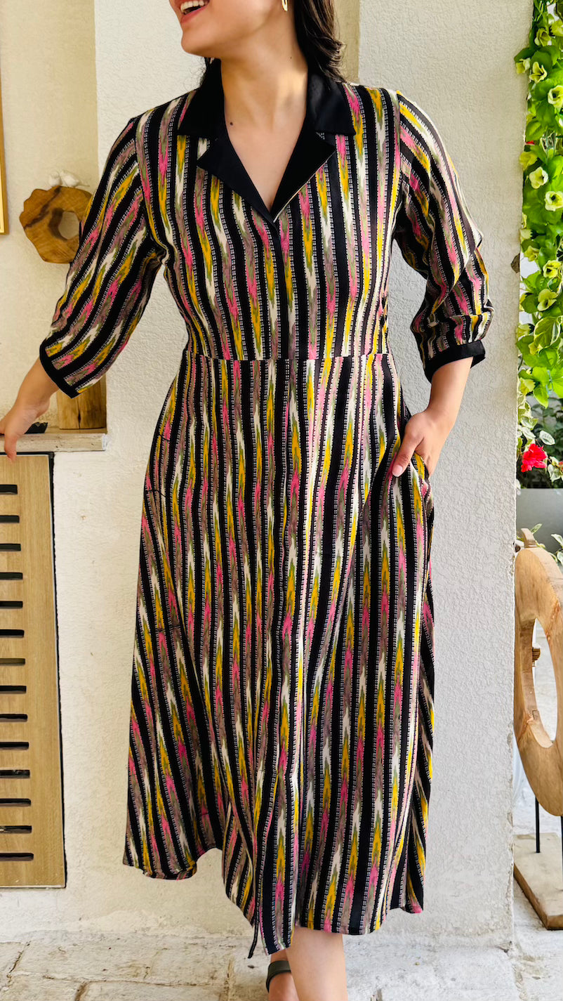 Black Multi Striped Collar Dress