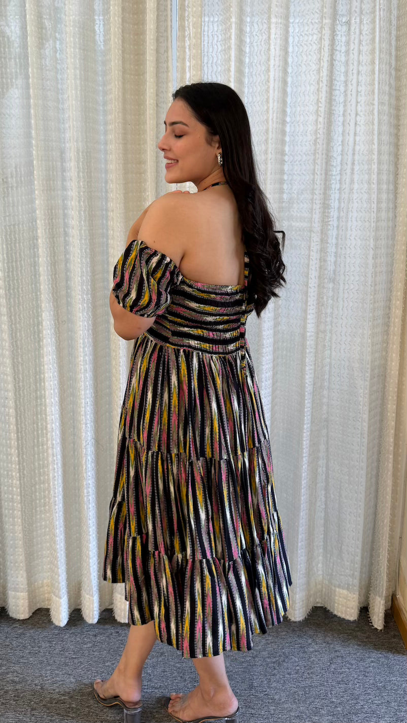 Black Multi Strip Midi Dress
