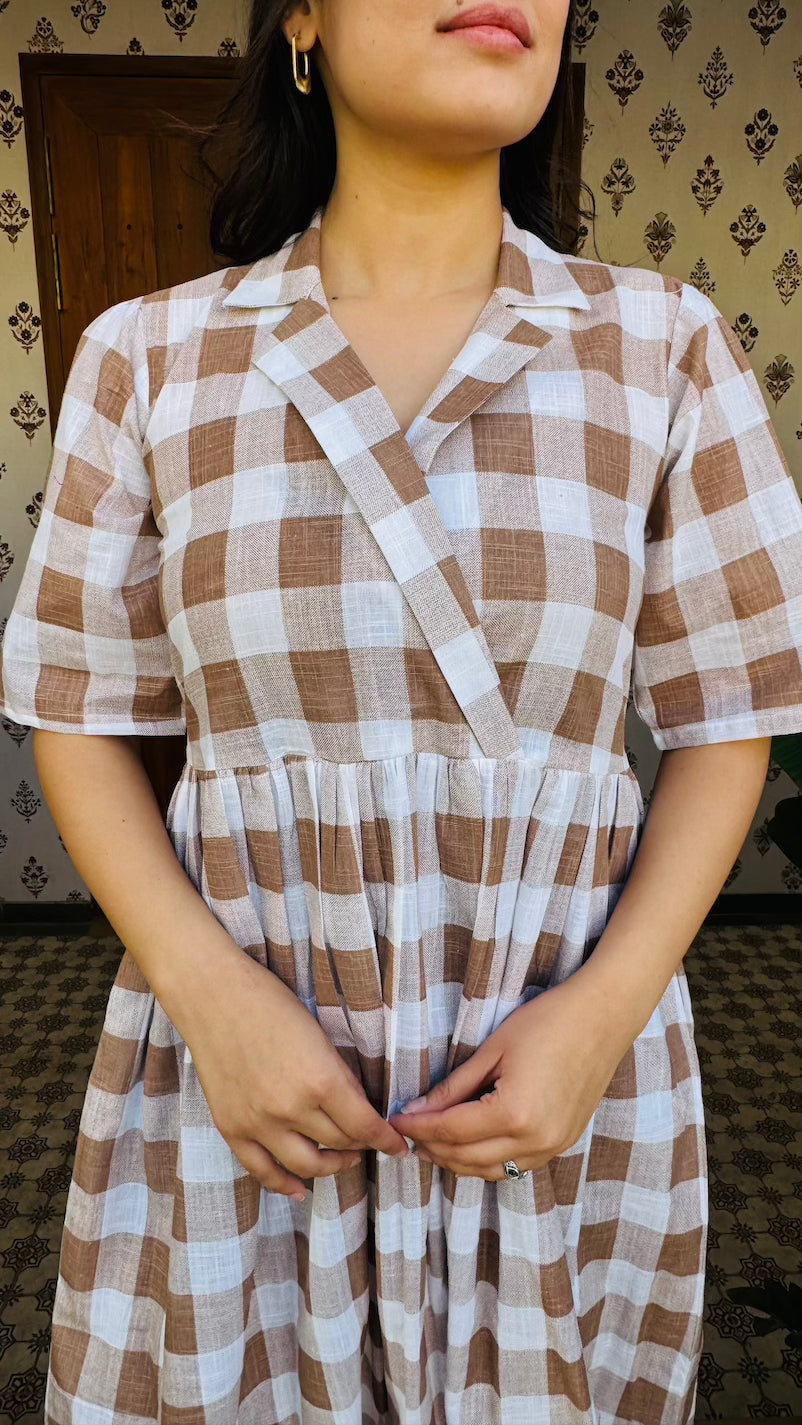 Brown Checked Cotton Dress