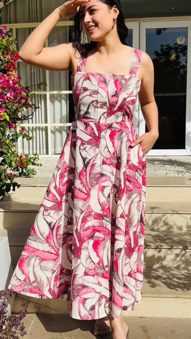 Pink Abstract Cotton Midaxi Dress