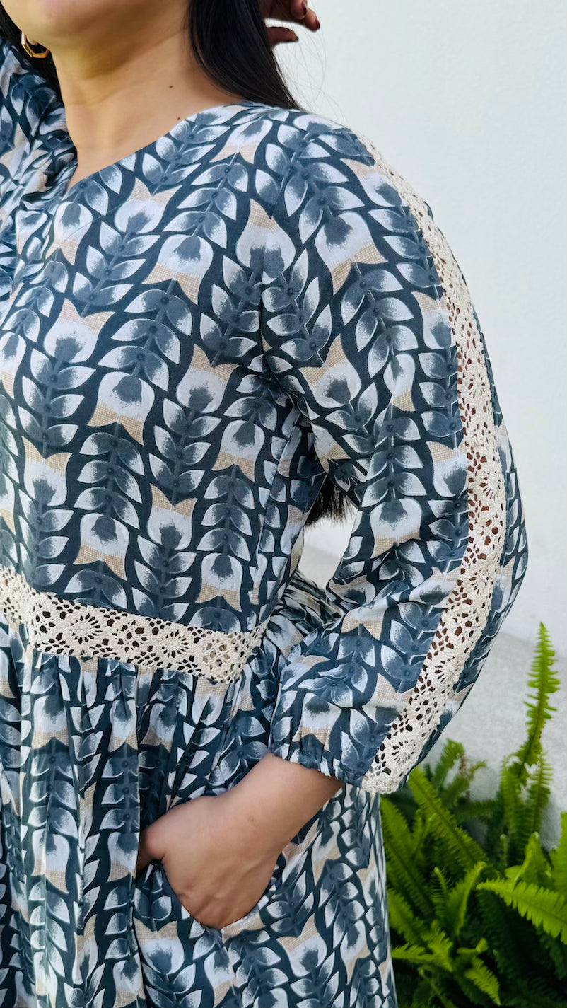 Grey White Lace Midaxi Dress