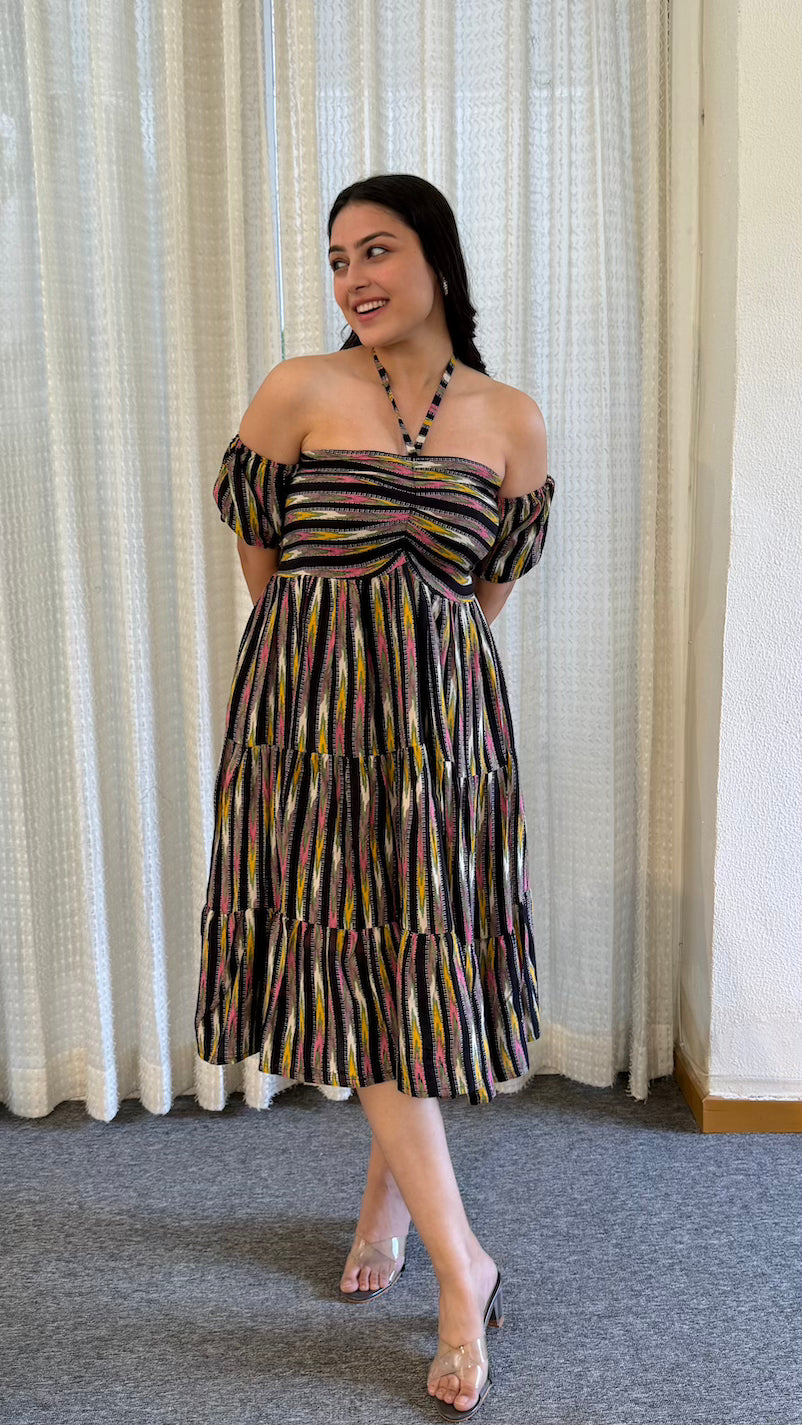 Black Multi Strip Midi Dress