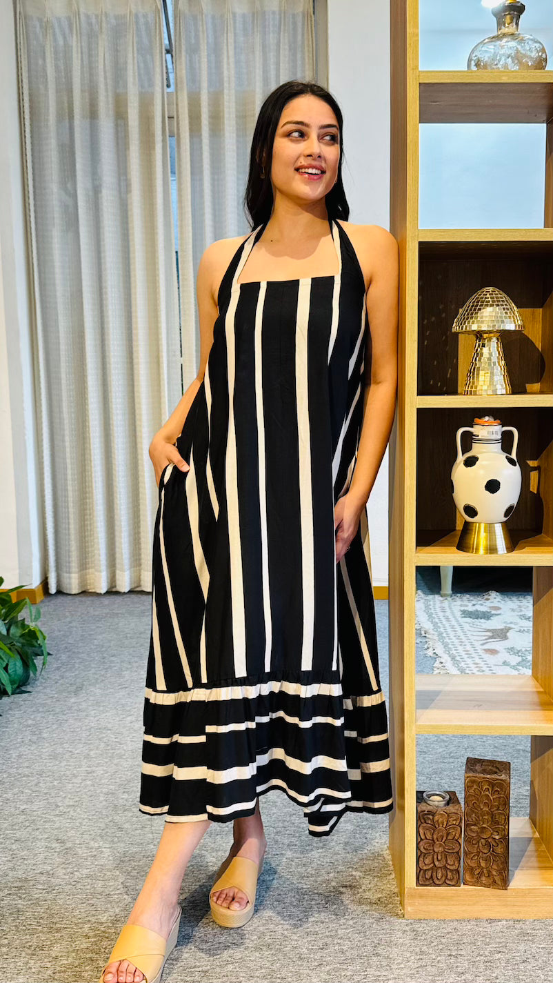 Black Striped Halter Neck Dress