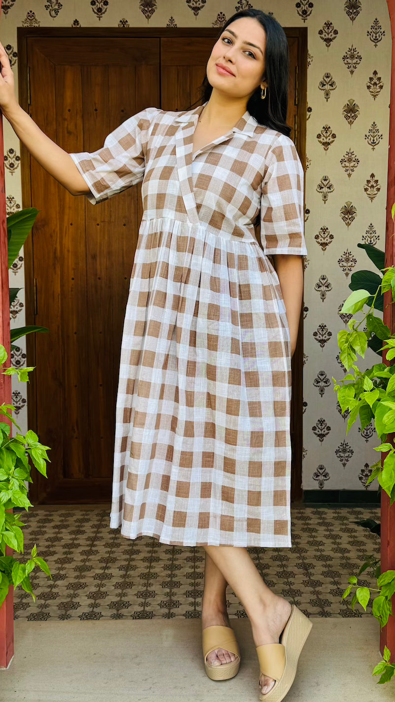 Brown Checked Cotton Dress