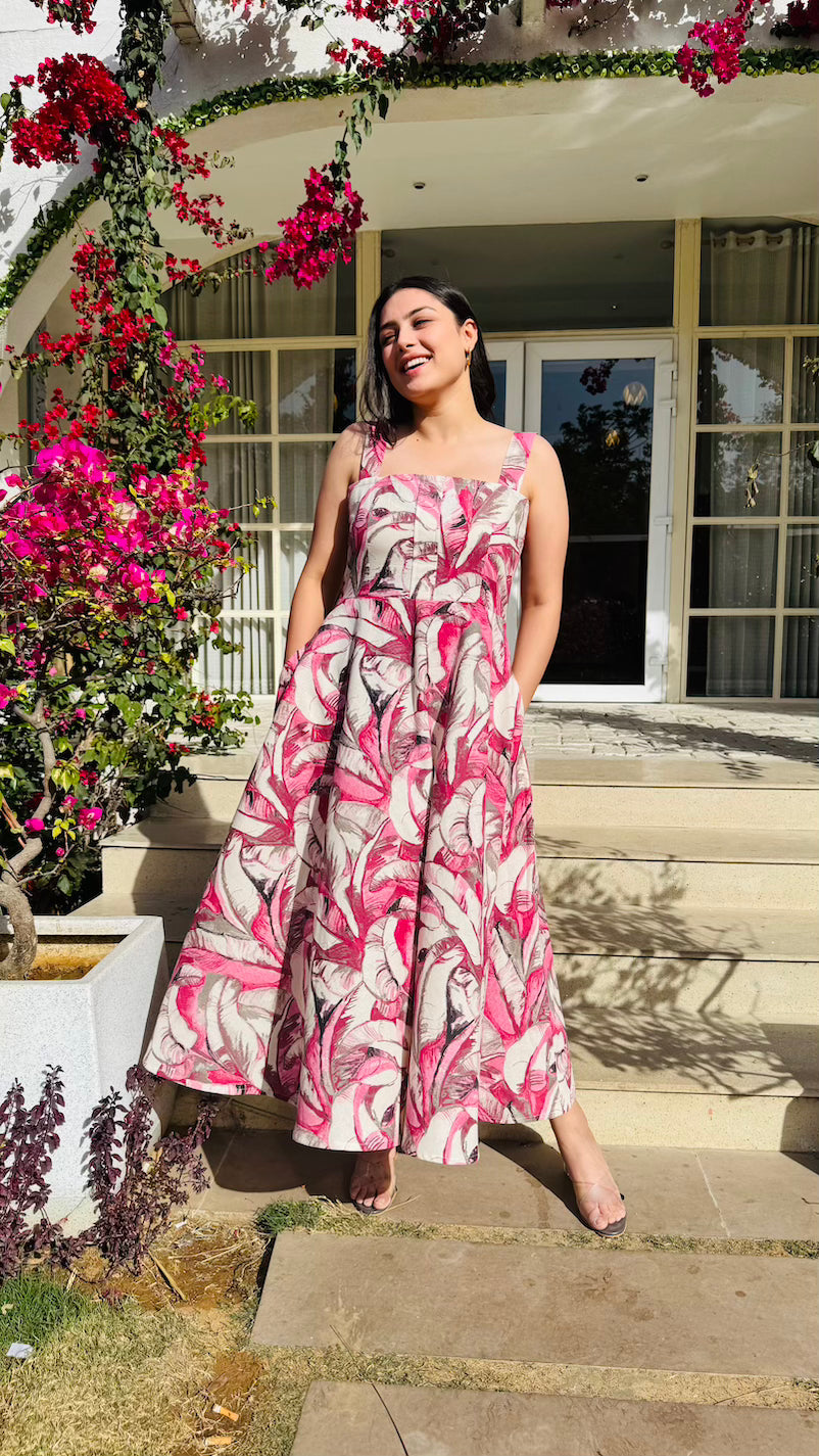 Pink Abstract Cotton Midaxi Dress