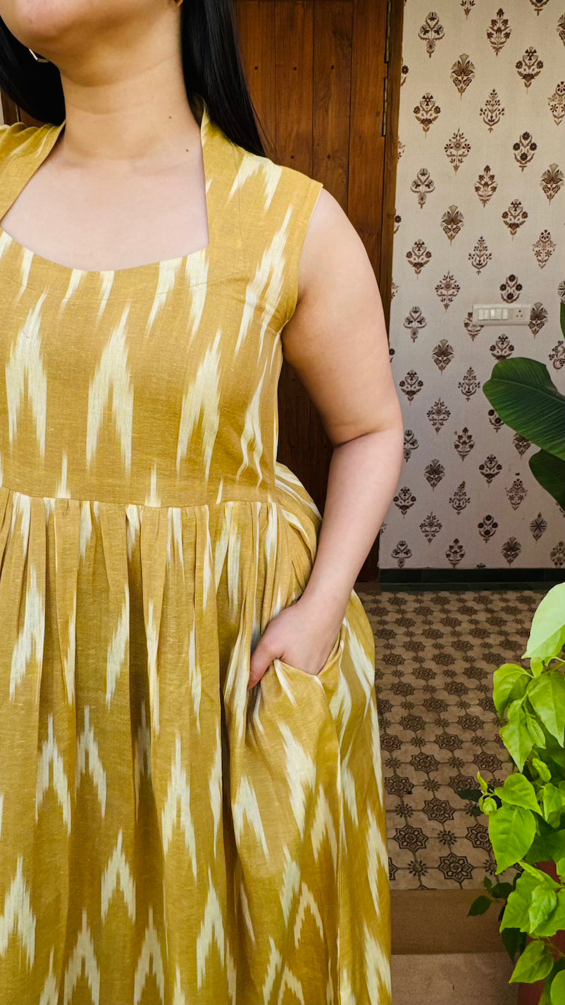 Yellow Ikkat Sleeveless Cotton Dress