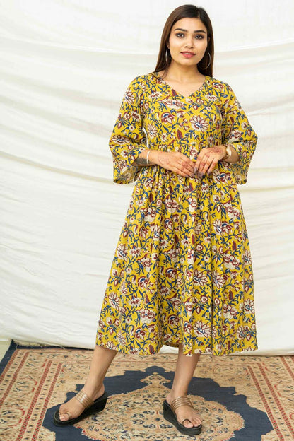 Thea Mustard Floral Kantha Dress