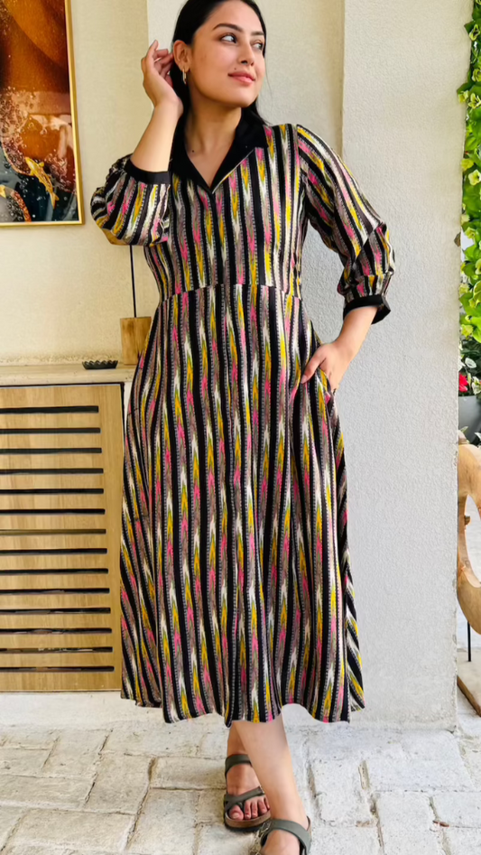 Black Multi Striped Collar Dress