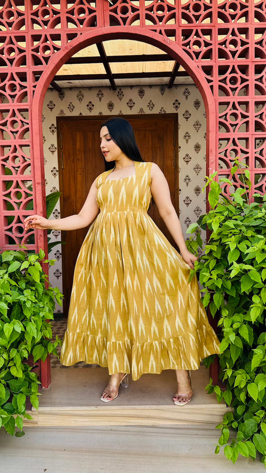 Yellow Ikkat Sleeveless Cotton Dress
