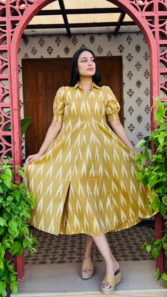 Yellow Ikkat Cotton Midi Dress