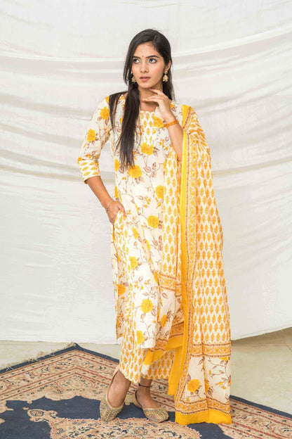 Kaya Yellow Floral Cotton Suit set