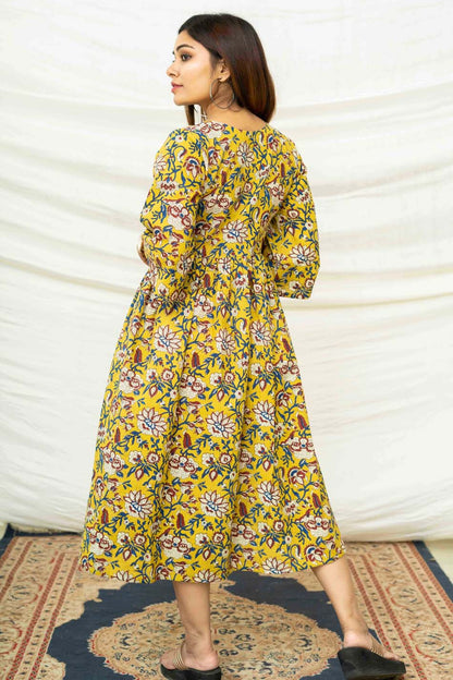 Thea Mustard Floral Kantha Dress